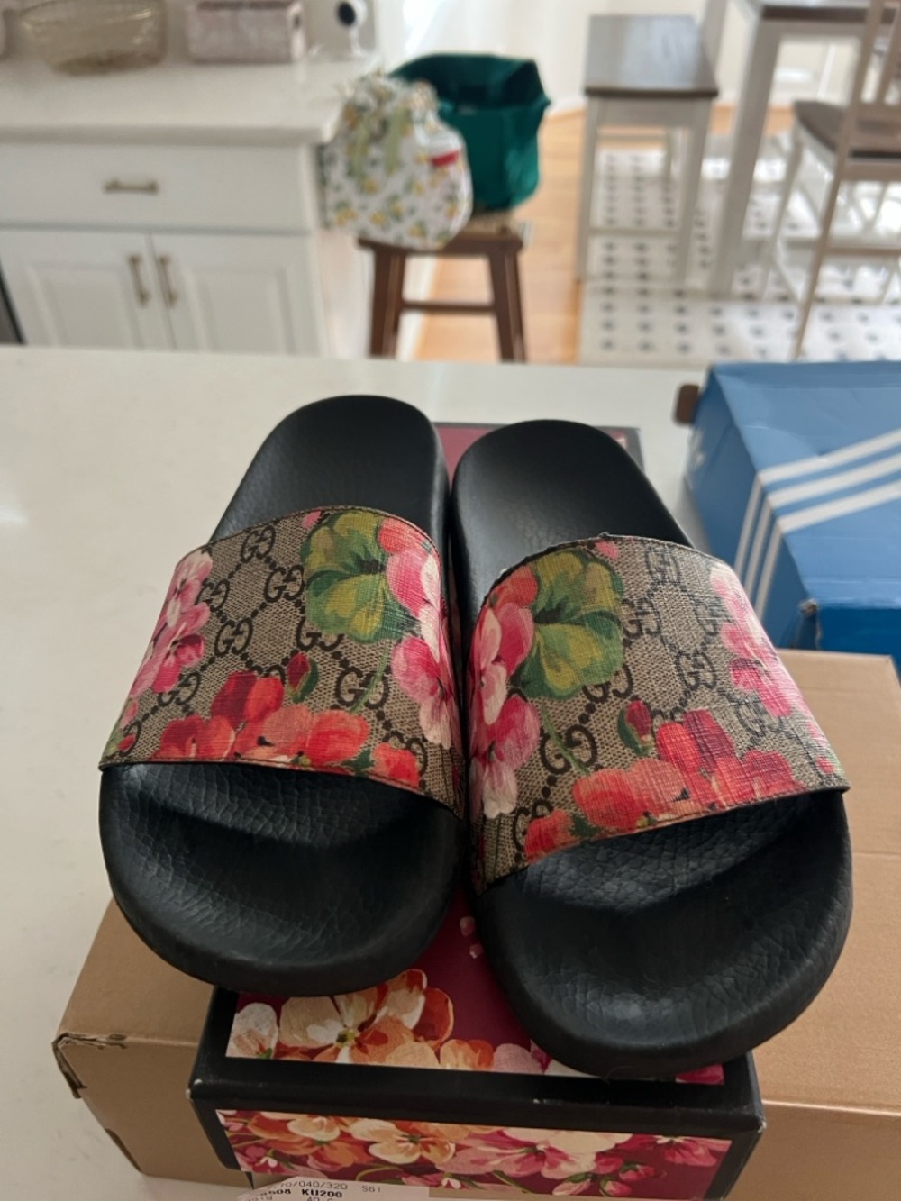 Gucci Floral GG Canvas Slide Sandals — Black, Pink & Green